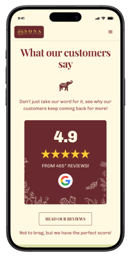 Snapshot of Sona the Indian's Kitchen website on mobile created by Design Infinity